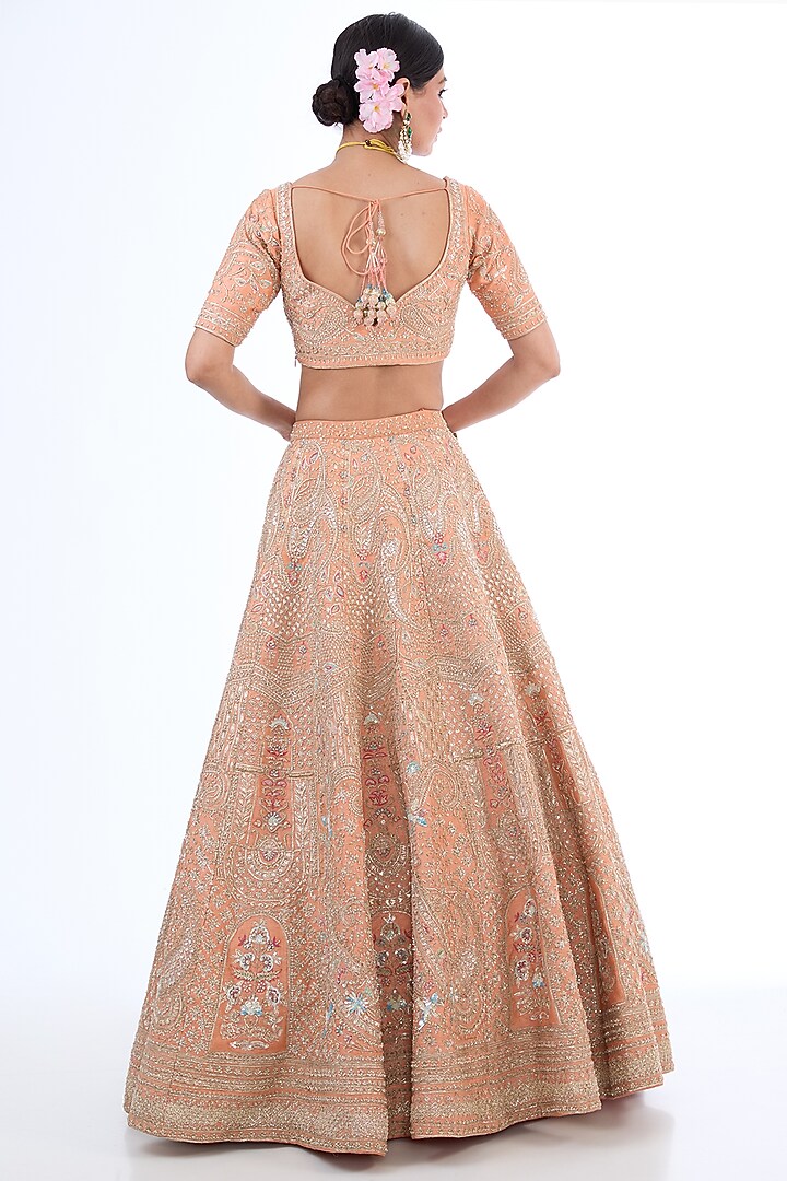 Pink Raw Silk Zardosi Hand & Machine Embroidered Bridal Lehenga Set by Kalighata at Pernia's Pop Up Shop