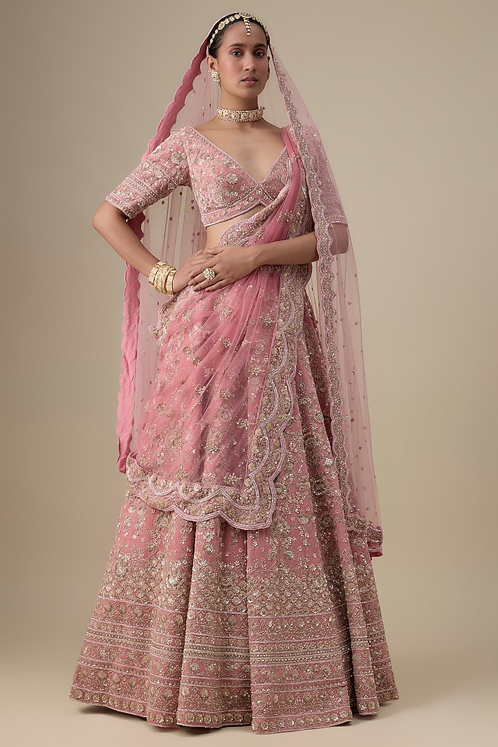 Pink Velvet Hand Embroidered Bridal Lehenga Set by Kalighata at Pernia's Pop Up Shop