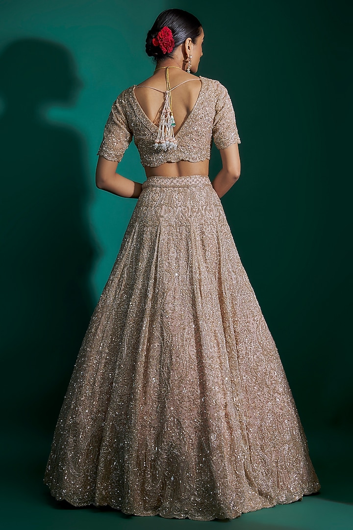 Peach Organza Cutdana Hand & Machine Embroidered Bridal Lehenga Set by Kalighata at Pernia's Pop Up Shop
