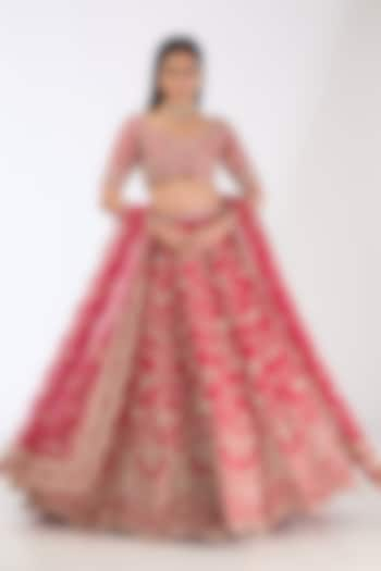 Cherry Red Raw Silk Hand & Machine Embroidered Lehenga Set by Kalighata