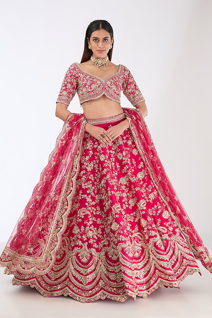 Cherry Red Raw Silk Hand & Machine Embroidered Lehenga Set by Kalighata