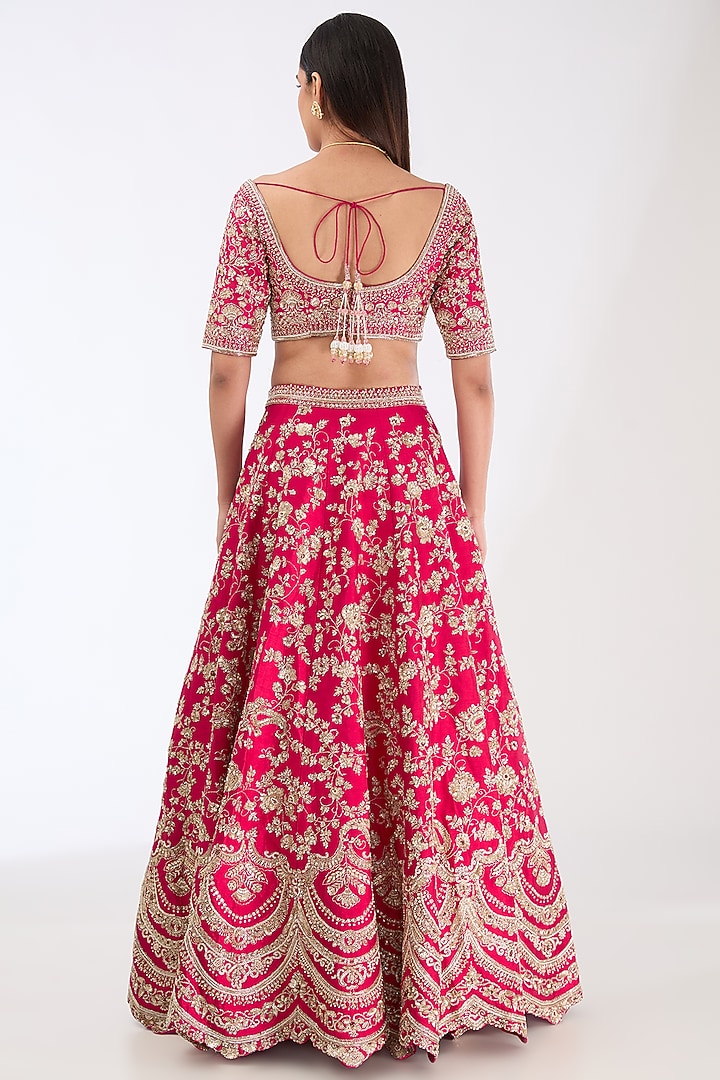 Cherry Red Raw Silk Hand & Machine Embroidered Bridal Lehenga Set by Kalighata at Pernia's Pop Up Shop