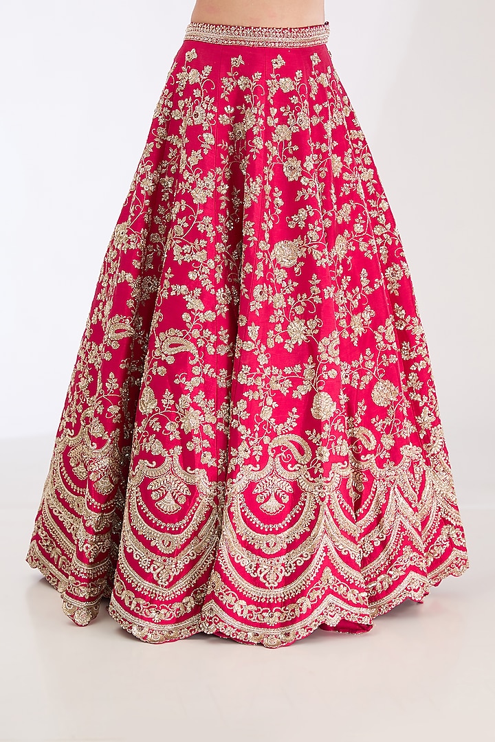 Cherry Red Raw Silk Hand & Machine Embroidered Bridal Lehenga Set by Kalighata at Pernia's Pop Up Shop