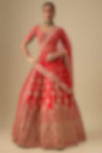 Red Raw Silk Zardosi Hand & Machine Embroidered Bridal Lehenga Set by Kalighata at Pernia's Pop Up Shop