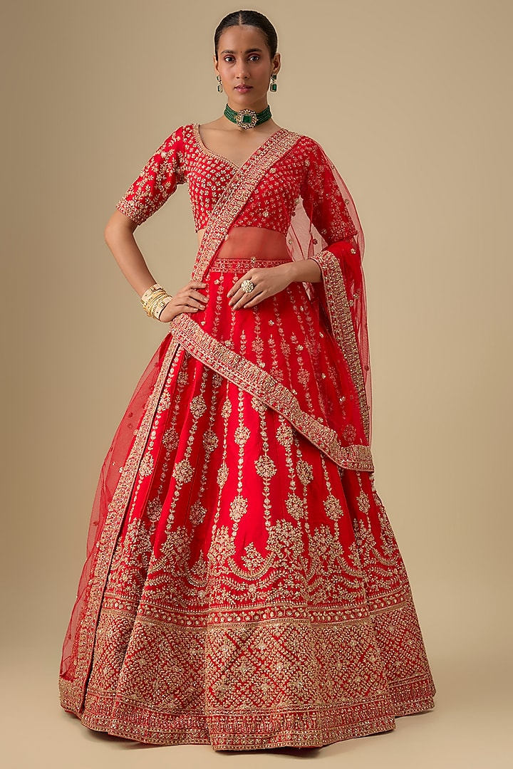 Red Raw Silk Zardosi Hand & Machine Embroidered Bridal Lehenga Set by Kalighata at Pernia's Pop Up Shop