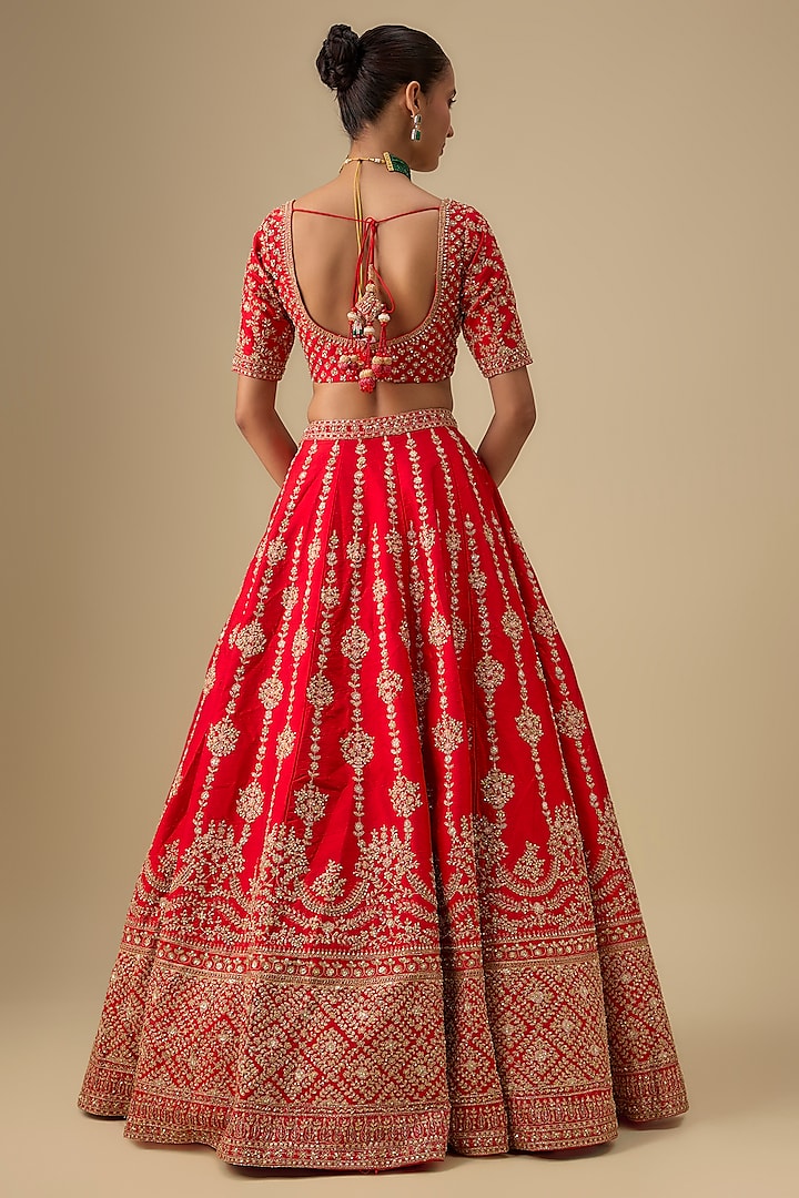 Red Raw Silk Zardosi Hand & Machine Embroidered Bridal Lehenga Set by Kalighata at Pernia's Pop Up Shop