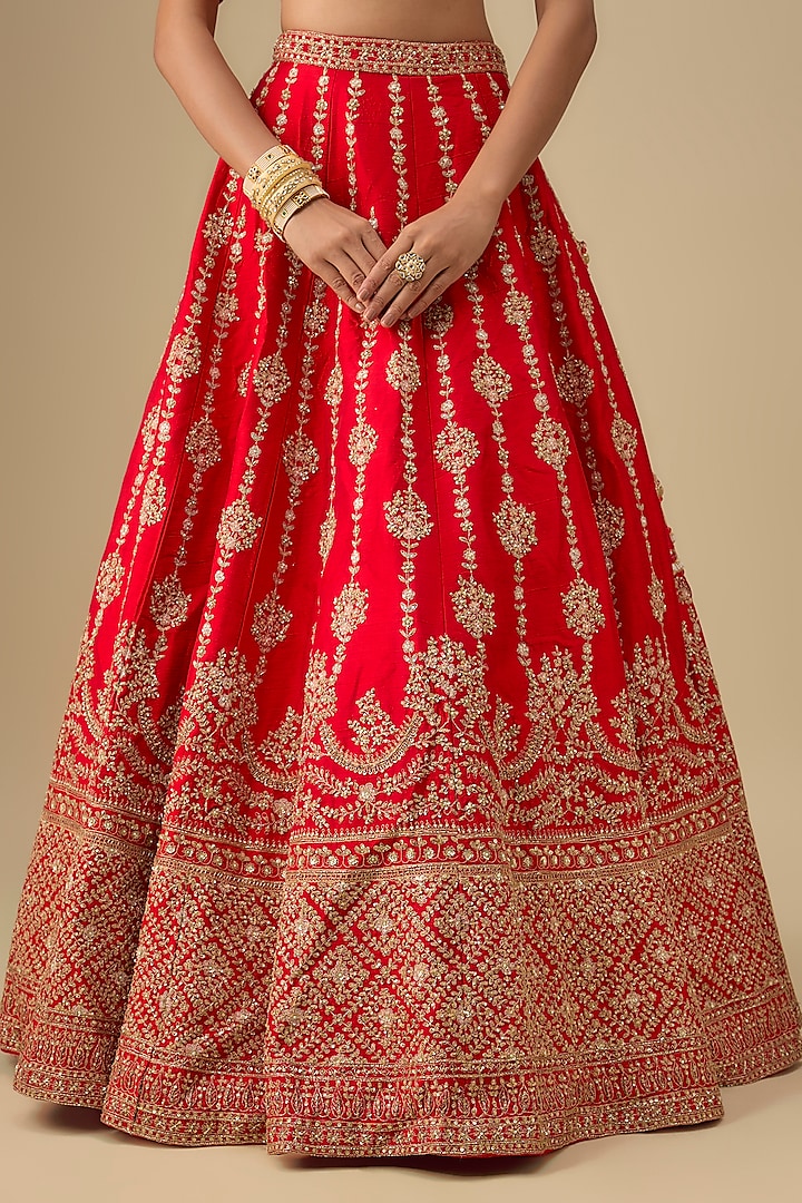 Red Raw Silk Zardosi Hand & Machine Embroidered Bridal Lehenga Set by Kalighata at Pernia's Pop Up Shop