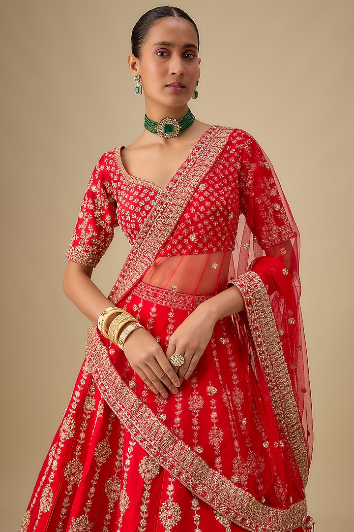 Red Raw Silk Zardosi Hand & Machine Embroidered Bridal Lehenga Set by Kalighata at Pernia's Pop Up Shop