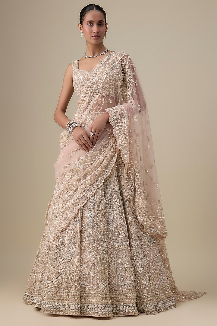Pink Net Zardosi Hand & Machine Embroidered Bridal Lehenga Set by Kalighata at Pernia's Pop Up Shop