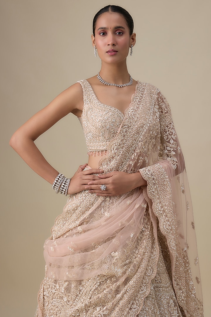 Pink Net Zardosi Hand & Machine Embroidered Bridal Lehenga Set by Kalighata at Pernia's Pop Up Shop