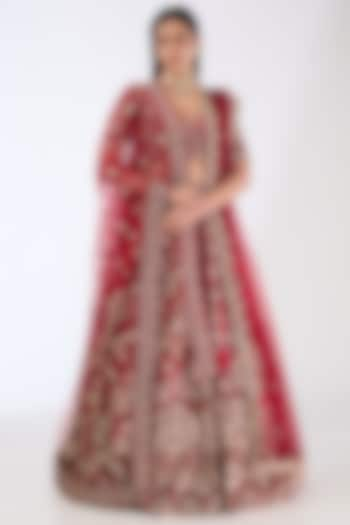 Maroon Raw Silk Zardosi Embroidered Bridal Lehenga Set by Kalighata at Pernia's Pop Up Shop