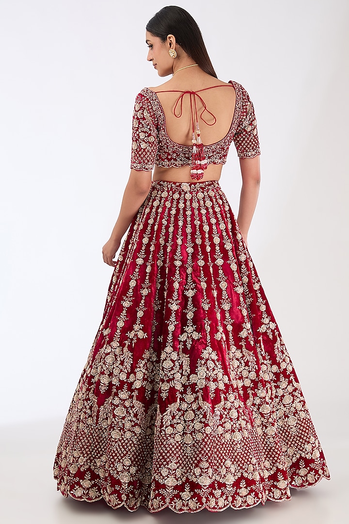 Maroon Raw Silk Zardosi Embroidered Bridal Lehenga Set by Kalighata at Pernia's Pop Up Shop