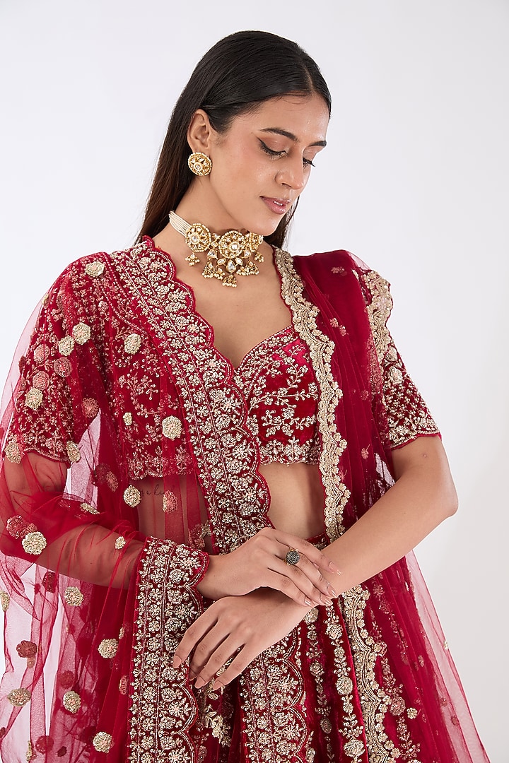Maroon Raw Silk Zardosi Embroidered Bridal Lehenga Set by Kalighata at Pernia's Pop Up Shop