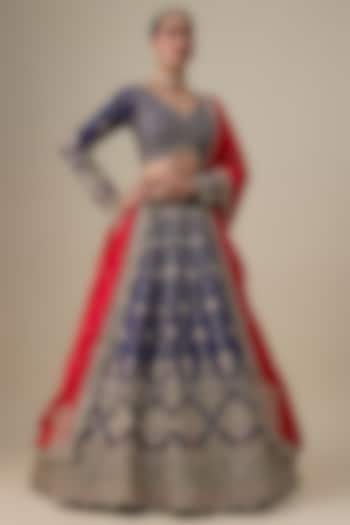 Navy Blue Raw Silk Cutdana Embellished Bridal Lehenga Set by Kalighata at Pernia's Pop Up Shop
