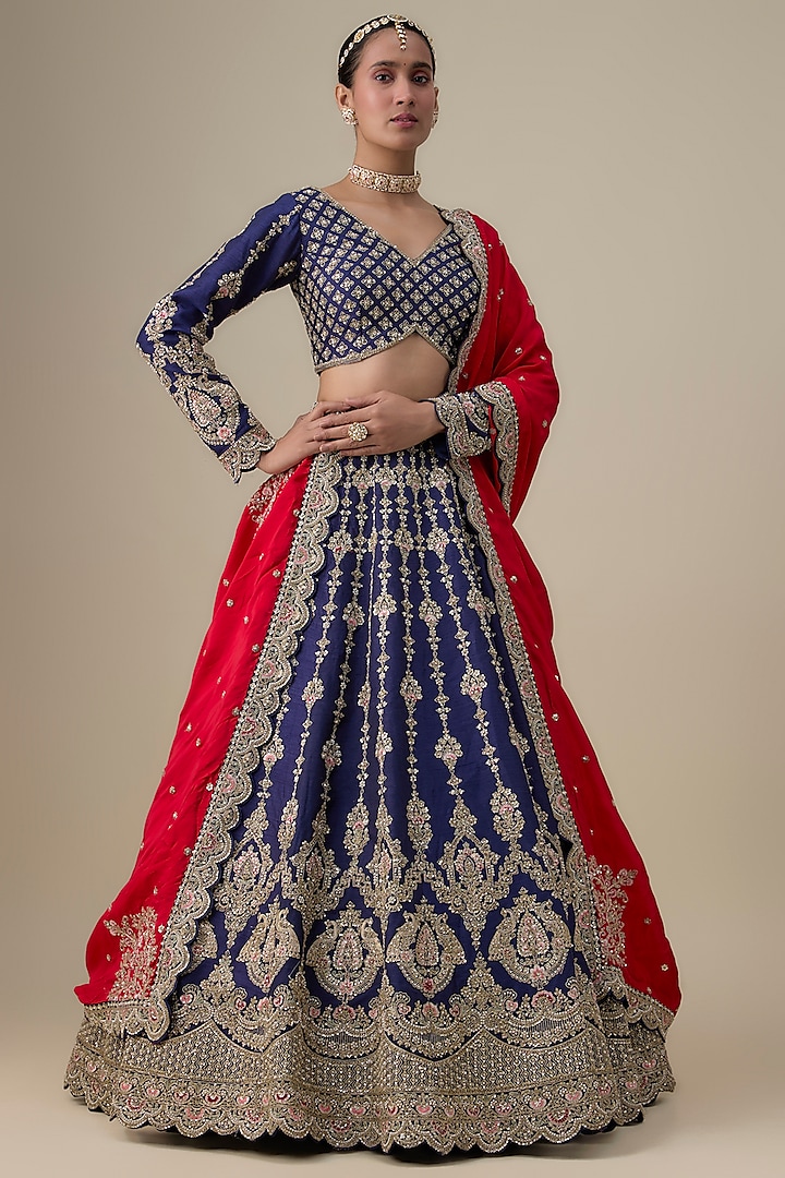 Navy Blue Raw Silk Cutdana Embellished Bridal Lehenga Set by Kalighata at Pernia's Pop Up Shop