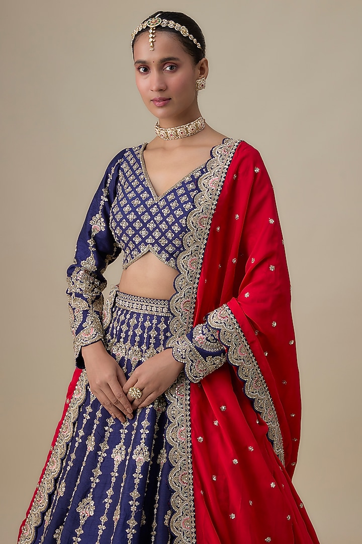 Navy Blue Raw Silk Cutdana Embellished Bridal Lehenga Set by Kalighata at Pernia's Pop Up Shop