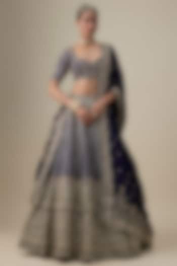 Navy Blue Raw Silk Zardosi Embroidered Bridal Lehenga Set by Kalighata at Pernia's Pop Up Shop