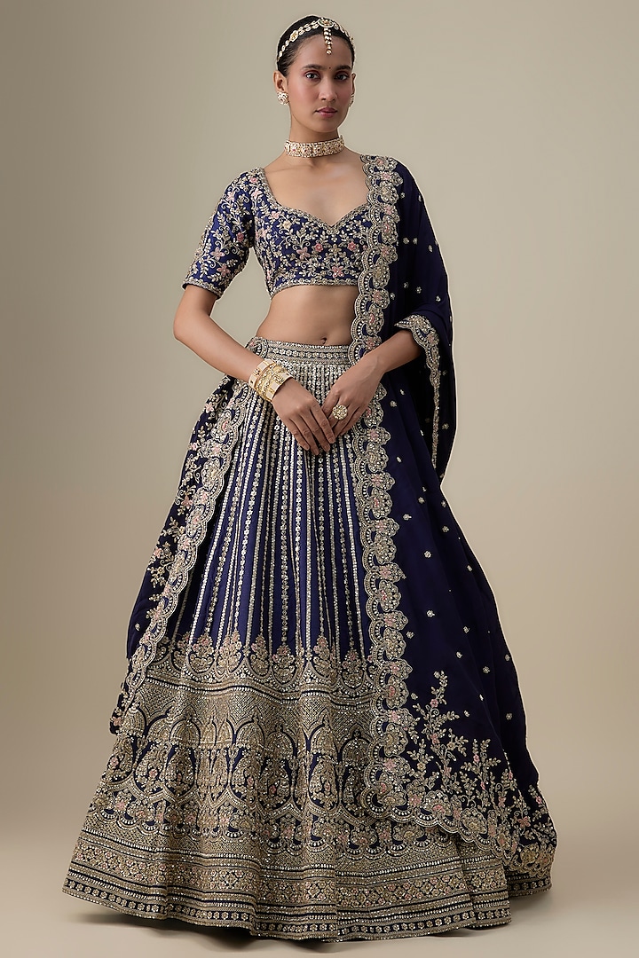Navy Blue Raw Silk Zardosi Embroidered Bridal Lehenga Set by Kalighata at Pernia's Pop Up Shop
