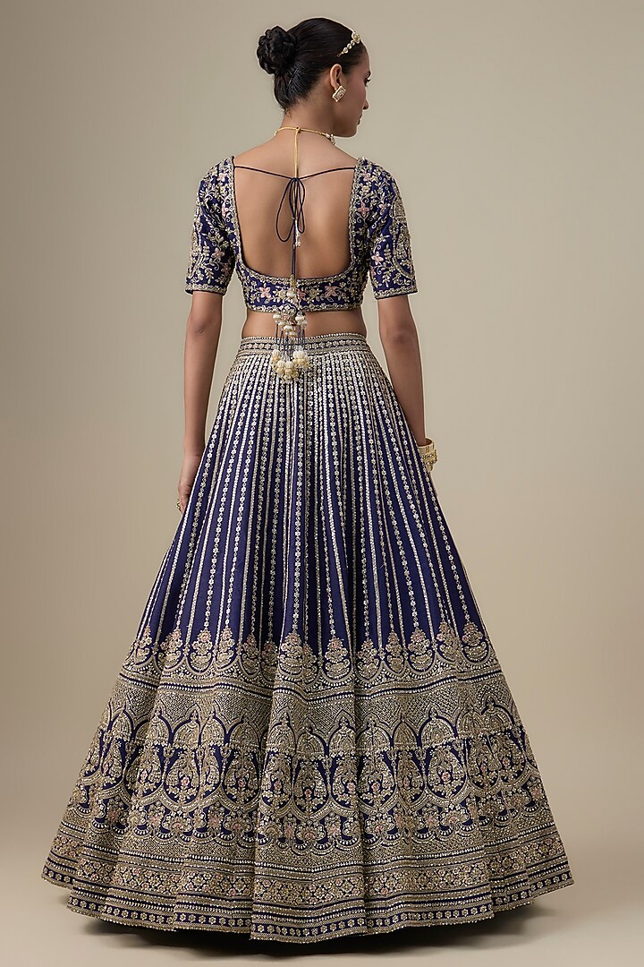 Navy Blue Raw Silk Zardosi Embroidered Bridal Lehenga Set by Kalighata at Pernia's Pop Up Shop