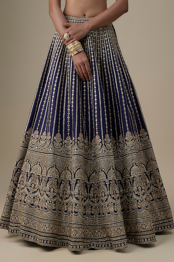 Navy Blue Raw Silk Zardosi Embroidered Bridal Lehenga Set by Kalighata at Pernia's Pop Up Shop