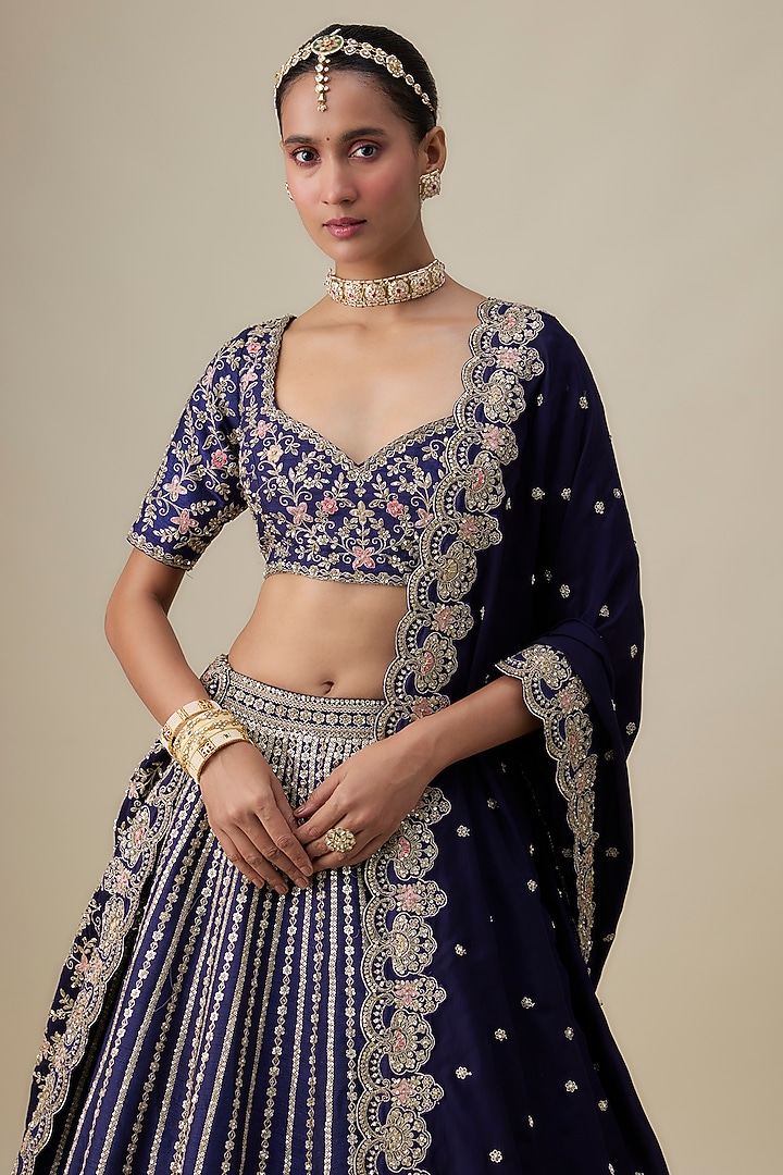 Navy Blue Raw Silk Zardosi Embroidered Bridal Lehenga Set by Kalighata at Pernia's Pop Up Shop