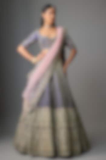 Navy Blue Raw Silk Embroidered Bridal Lehenga Set by Kalighata at Pernia's Pop Up Shop