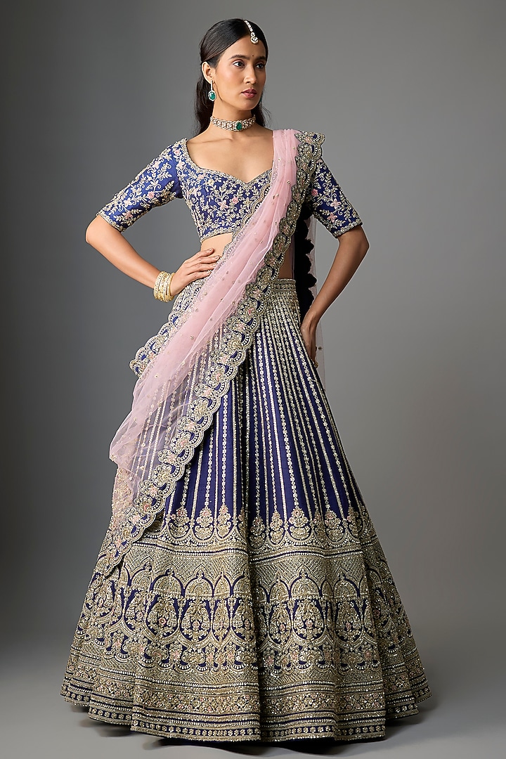 Navy Blue Raw Silk Embroidered Bridal Lehenga Set by Kalighata at Pernia's Pop Up Shop