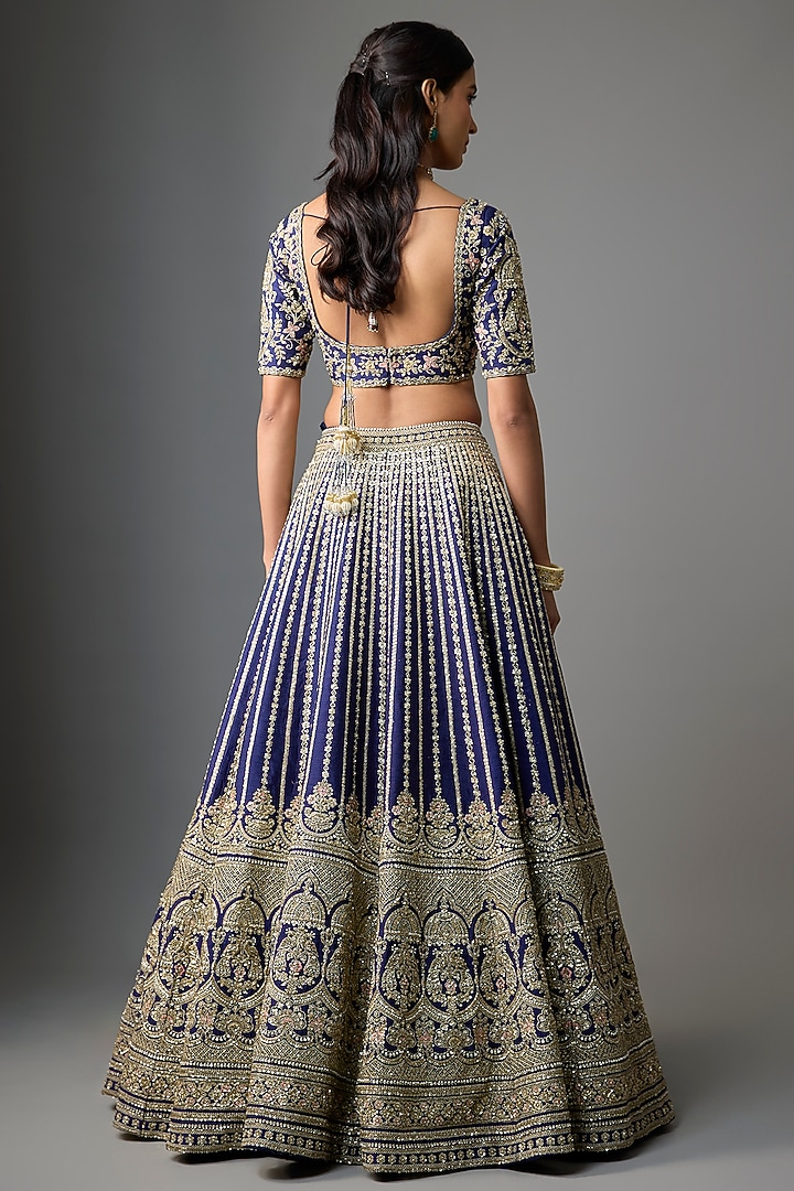 Navy Blue Raw Silk Embroidered Bridal Lehenga Set by Kalighata at Pernia's Pop Up Shop