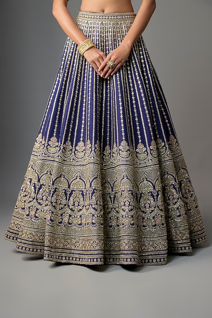Navy Blue Raw Silk Embroidered Bridal Lehenga Set by Kalighata at Pernia's Pop Up Shop