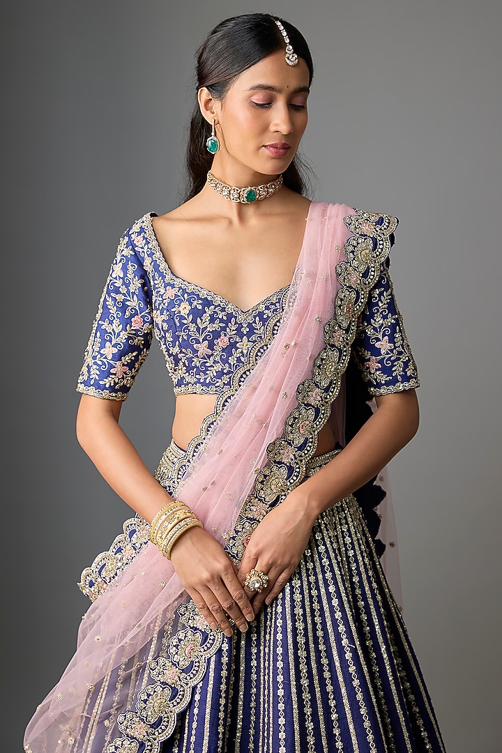 Navy Blue Raw Silk Embroidered Bridal Lehenga Set by Kalighata at Pernia's Pop Up Shop
