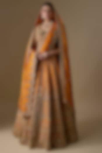 Rust Raw Silk Zardosi Hand Embroidered Bridal Lehenga Set by Kalighata at Pernia's Pop Up Shop