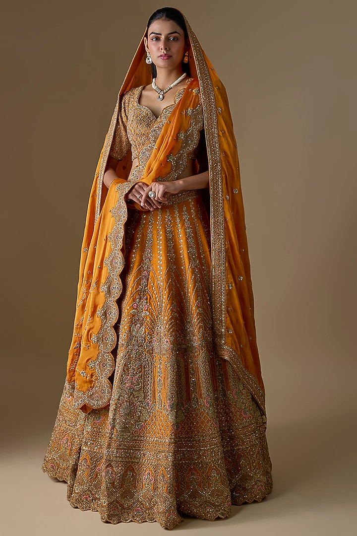 Rust Raw Silk Zardosi Hand Embroidered Bridal Lehenga Set by Kalighata at Pernia's Pop Up Shop