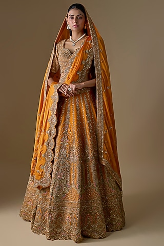 Rust Raw Silk Zardosi Hand Embroidered Lehenga Set by Kalighata