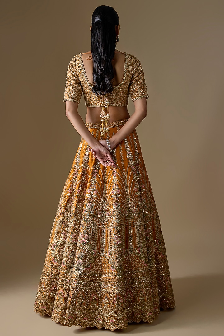 Rust Raw Silk Zardosi Hand Embroidered Bridal Lehenga Set by Kalighata at Pernia's Pop Up Shop