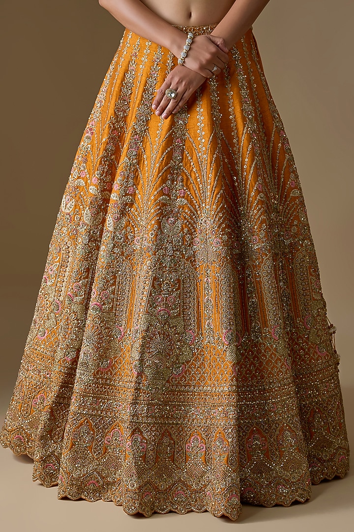 Rust Raw Silk Zardosi Hand Embroidered Bridal Lehenga Set by Kalighata at Pernia's Pop Up Shop
