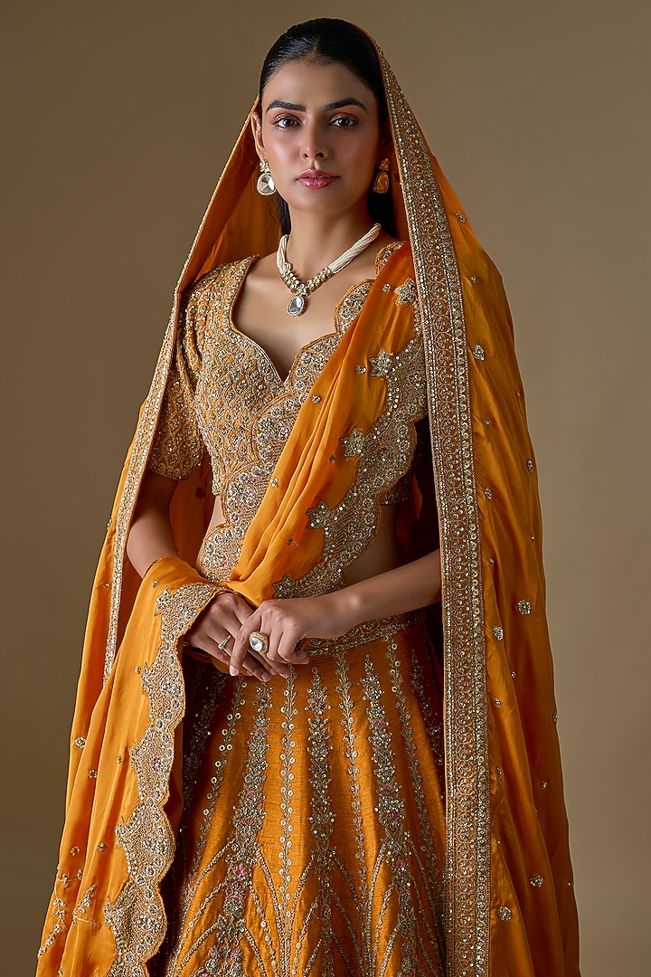 Rust Raw Silk Zardosi Hand Embroidered Bridal Lehenga Set by Kalighata at Pernia's Pop Up Shop