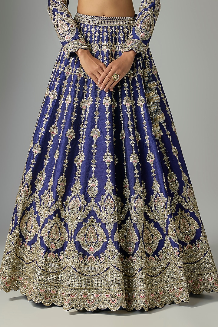 Navy Raw Silk Bridal Lehenga Set by Kalighata at Pernia's Pop Up Shop