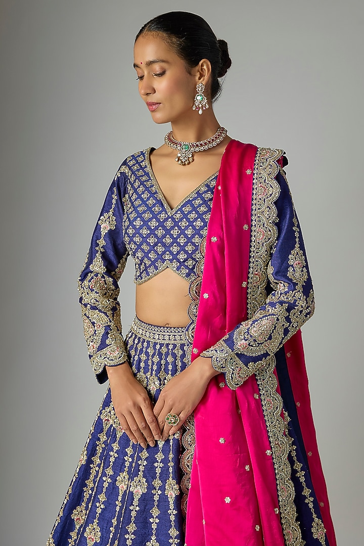 Navy Raw Silk Bridal Lehenga Set by Kalighata at Pernia's Pop Up Shop
