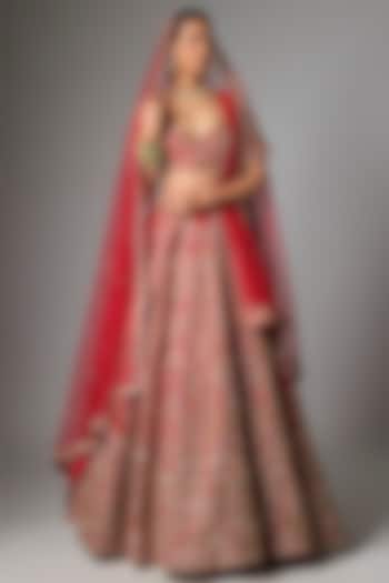 Red Raw Silk Bridal Lehenga Set by Kalighata at Pernia's Pop Up Shop