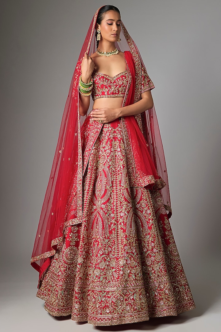 Red Raw Silk Bridal Lehenga Set by Kalighata at Pernia's Pop Up Shop