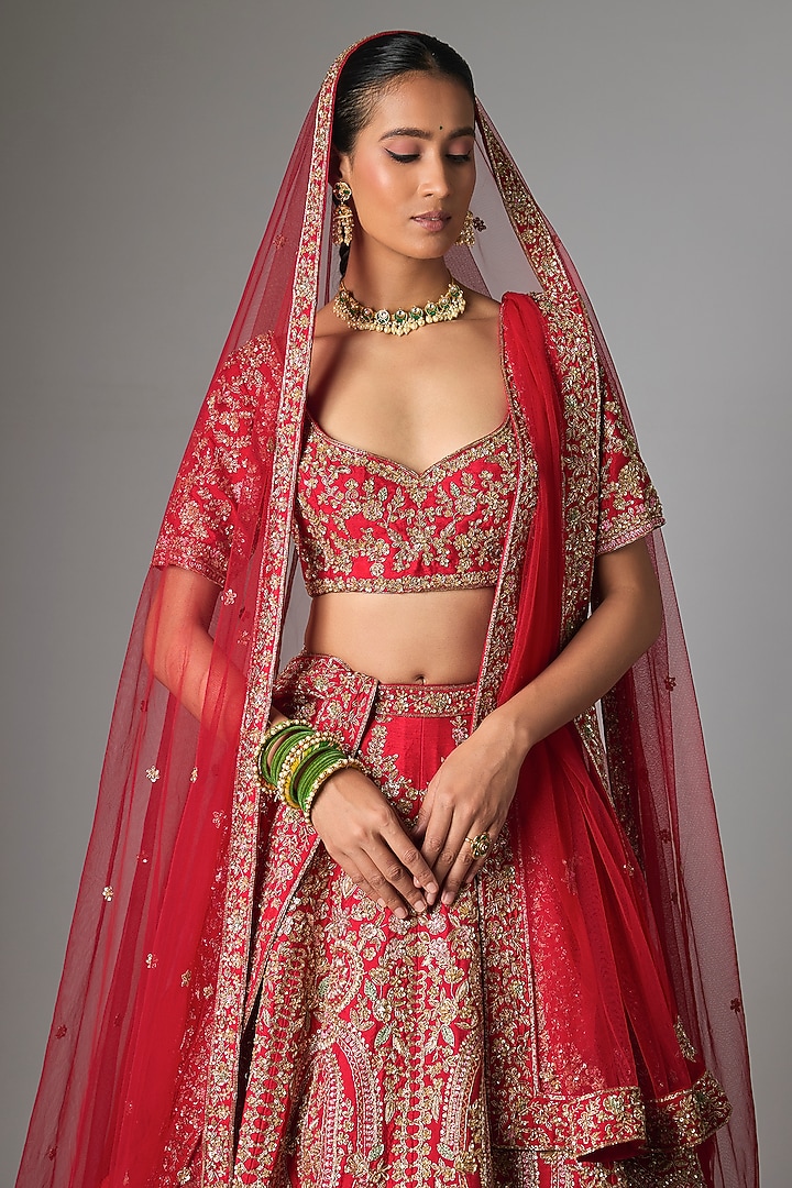 Red Raw Silk Bridal Lehenga Set by Kalighata at Pernia's Pop Up Shop