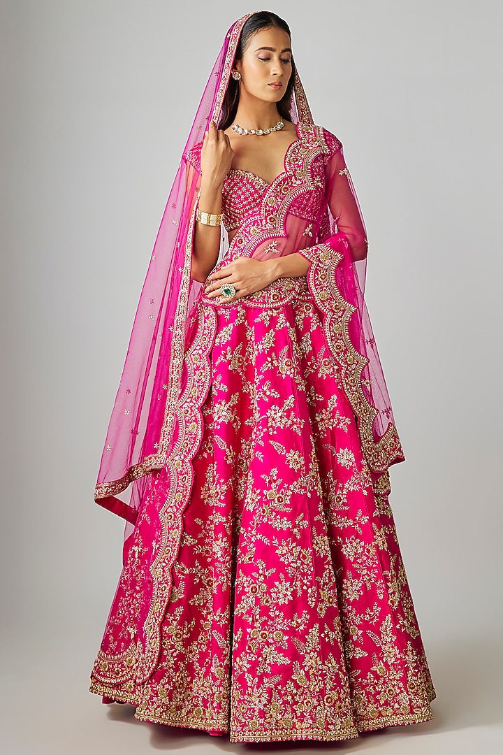 Rani Pink Raw Silk Bridal Lehenga Set by Kalighata at Pernia's Pop Up Shop