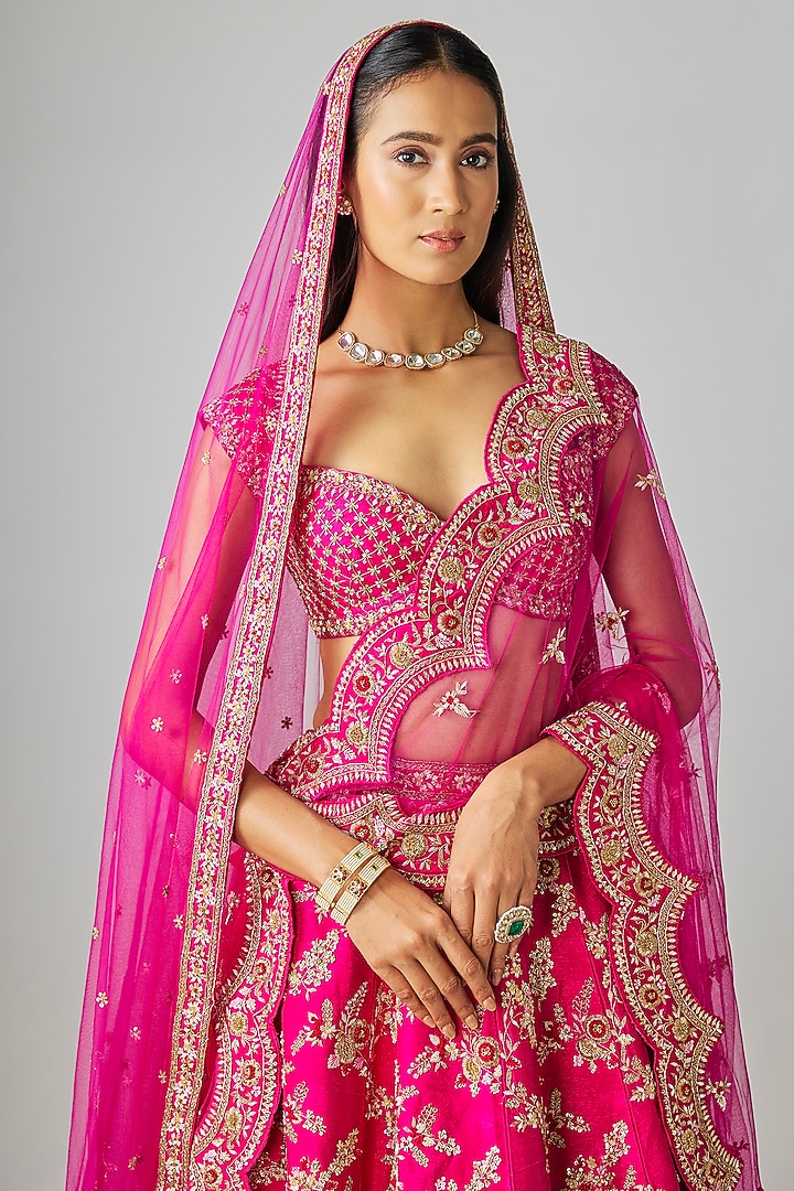 Rani Pink Raw Silk Bridal Lehenga Set by Kalighata at Pernia's Pop Up Shop