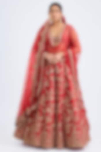 Red Raw Silk Zari Hand Embroidered Bridal Lehenga Set by Kalighata at Pernia's Pop Up Shop