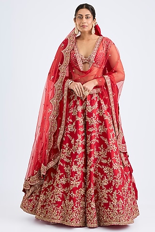 Red Raw Silk Zari Hand Embroidered Lehenga Set by Kalighata