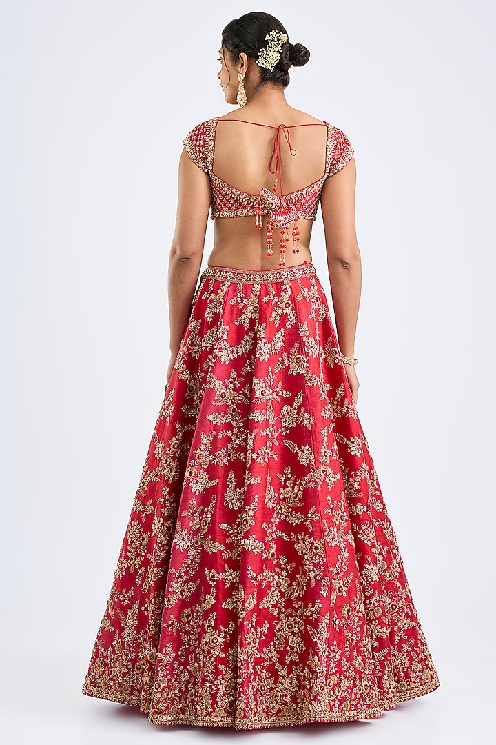 Red Raw Silk Zari Hand Embroidered Bridal Lehenga Set by Kalighata at Pernia's Pop Up Shop