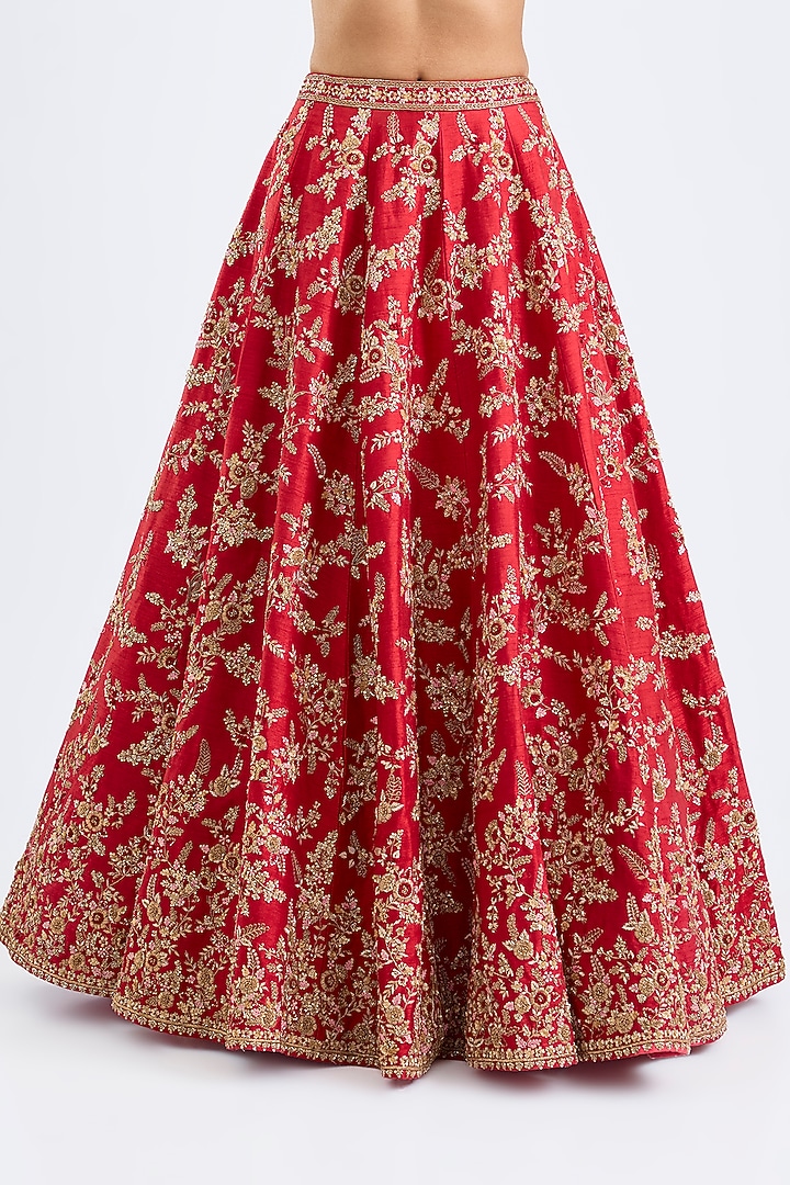 Red Raw Silk Zari Hand Embroidered Bridal Lehenga Set by Kalighata at Pernia's Pop Up Shop