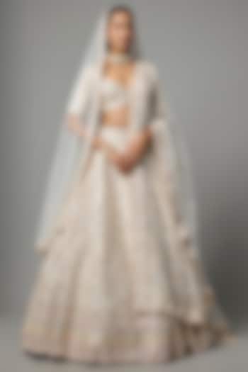 Peach Raw Silk Embroidered Bridal Lehenga Set by Kalighata at Pernia's Pop Up Shop