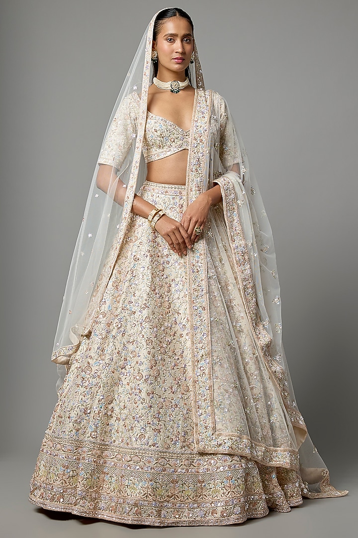 Peach Raw Silk Embroidered Bridal Lehenga Set by Kalighata at Pernia's Pop Up Shop