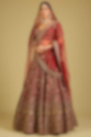 Red Raw Silk Embroidered Bridal Lehenga Set by Kalighata at Pernia's Pop Up Shop